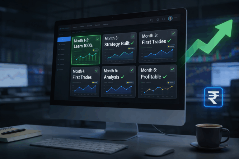 Six month roadmap to become profitable trader with monthly milestones covering strategy development risk management and disciplined trading execution