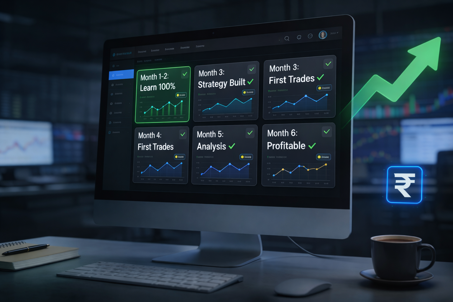 Six month roadmap to become profitable trader with monthly milestones covering strategy development risk management and disciplined trading execution