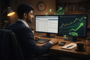 Professional working full time job while successfully trading stock market in evening showing time management and swing trading strategy for working professionals